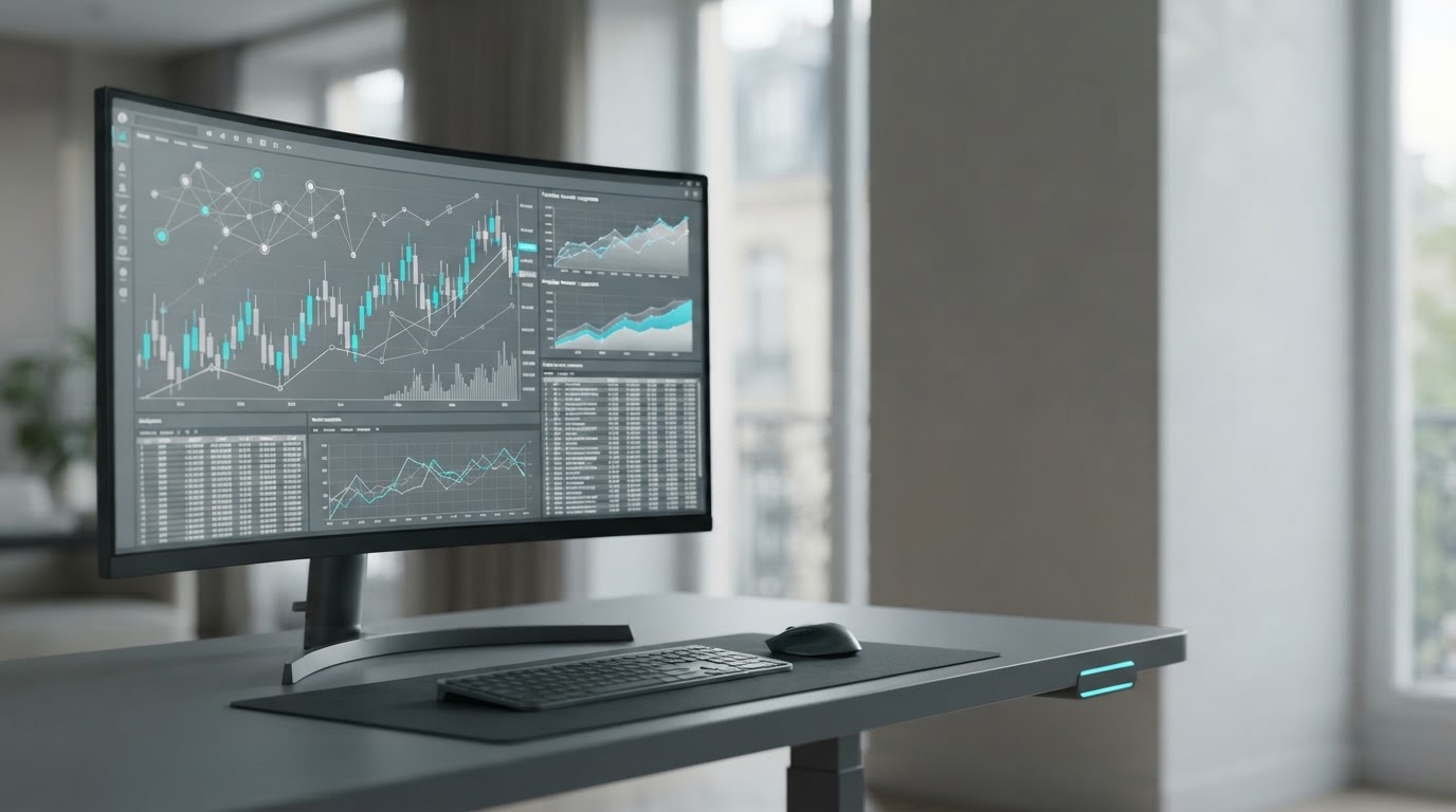 Écran incurvé affichant des graphiques financiers et des données boursières